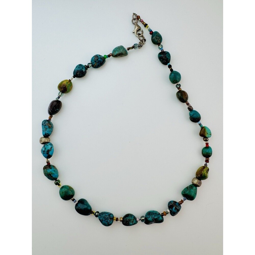 Sterling Silver  925  Natural Stone  Jasper  & Chrysocolla Nugget Necklace 17.5”